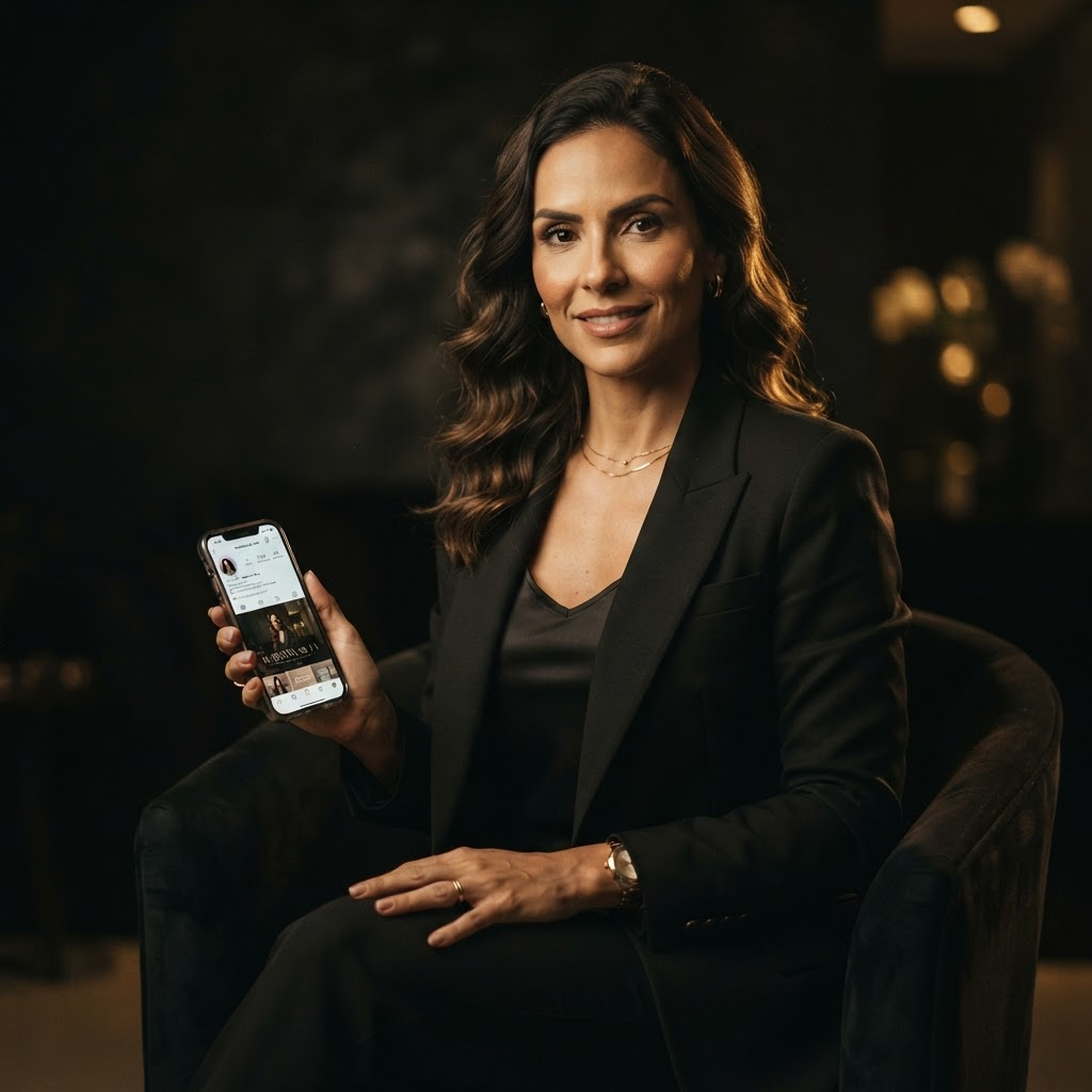 Dona de clínica usando redes sociais no celular